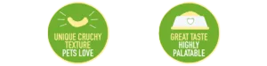 Two round green badges highlighting pet food features. The first badge states 'Unique crunchy texture pets love' with a smiley face icon above the text. The second badge reads 'Great taste highly palatable' with a bowl and spoon icon.