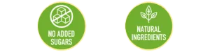 Two round green badges promoting pet food qualities. The first badge says 'No added sugars' with an icon of a sugar cube crossed out. The second badge states 'Natural ingredients' with a leaf icon.