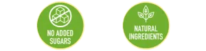 Two round green badges promoting pet food qualities. The first badge says 'No added sugars' with an icon of a sugar cube crossed out. The second badge states 'Natural ingredients' with a leaf icon.