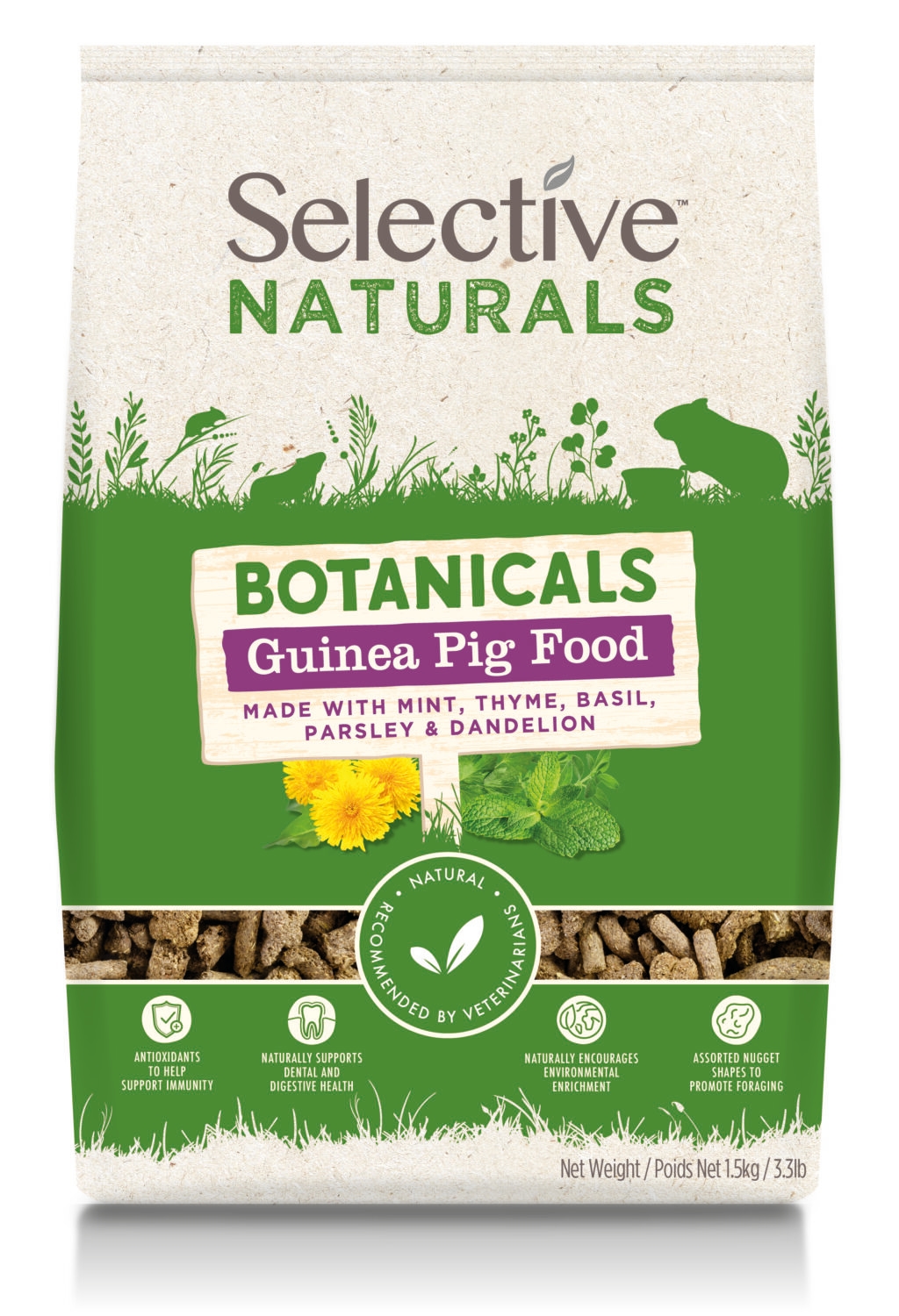 Packaging design for Selective Naturals Guinea Pig Food. The top portion of the package features a natural-looking, textured green background with illustrations of herbs and a silhouette of a guinea pig. Below this, there is a wooden label that reads 'Botanicals Guinea Pig Food made with mint, thyme, basil, parsley & dandelion.' There are images of these herbs and a dandelion flower displayed. Beneath the label, features of the product are highlighted: antioxidants to support immunity, supports digestive health, encourages natural foraging, and is recommended by veterinarians. The bottom of the package shows the pellets and states the net weight as 1.5 kg / 3.3 lb.