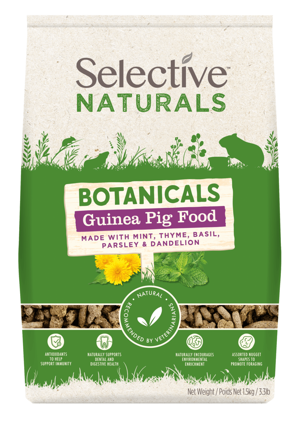 Packaging design for Selective Naturals Guinea Pig Food. The top portion of the package features a natural-looking, textured green background with illustrations of herbs and a silhouette of a guinea pig. Below this, there is a wooden label that reads 'Botanicals Guinea Pig Food made with mint, thyme, basil, parsley & dandelion.' There are images of these herbs and a dandelion flower displayed. Beneath the label, features of the product are highlighted: antioxidants to support immunity, supports digestive health, encourages natural foraging, and is recommended by veterinarians. The bottom of the package shows the pellets and states the net weight as 1.5 kg / 3.3 lb.