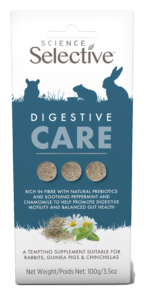 The image shows a packet of Science Selective Digestive Care, a supplement for small pets. The packaging features an image of rabbits on the front, along with the product name 