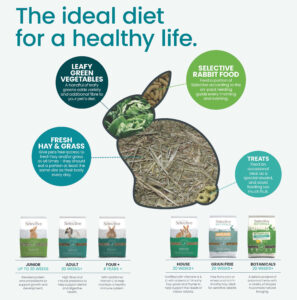 A graphic showing the ideal diet for a healthy rabbit, featuring leafy green vegetables, fresh hay and grass, selective rabbit food, and occasional treats. It highlights different Selective food options: Junior (for up to 20 weeks), Adult (for 20+ weeks), Four+ (for rabbits 4 years and older), House (for indoor rabbits), Grain Free (for sensitive rabbits), and Botanicals (for natural foraging). The graphic emphasizes feeding guidelines and the importance of balanced nutrition for rabbits.