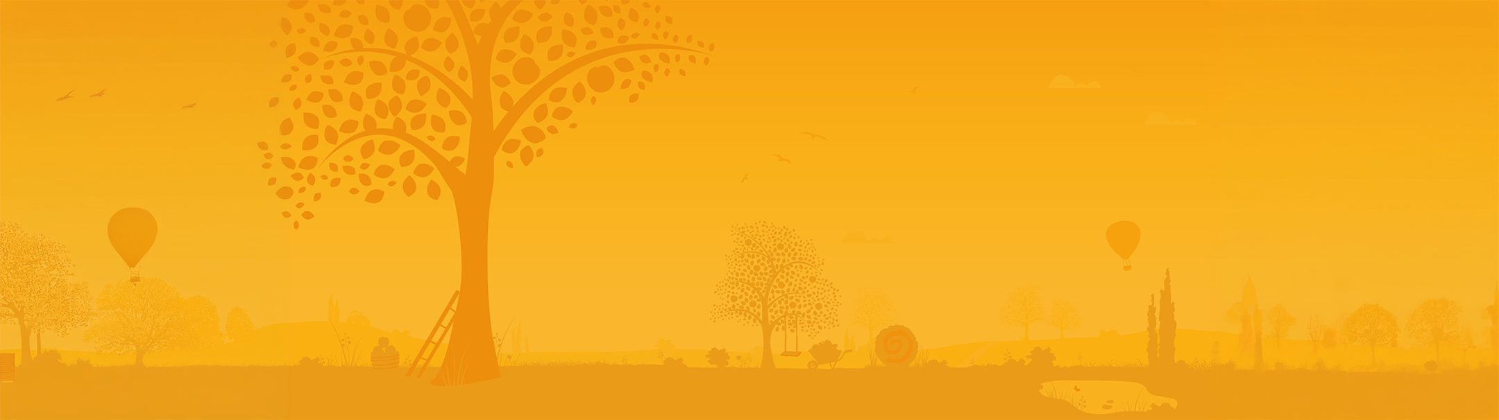 The image is a wide, landscape-oriented graphic featuring a stylized, monochromatic silhouette of a rural countryside in shades of warm orange and gold. The scene includes various trees, rolling hills, and delicate details like a ladder leaning against a large tree, a tire swing, hot air balloons in the sky, and tiny silhouettes of birds and clouds. The overall design is clean and illustrative, often used as a background for websites or marketing banners.