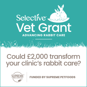Selective Vet Grant advertisement featuring the tagline 'Advancing Rabbit Care' and two rabbits. Large central text asks, 'Could £2,000 transform your clinic’s rabbit care?' The bottom includes the Supreme Petfoods logo and the note, 'Funded by Supreme Petfoods.'