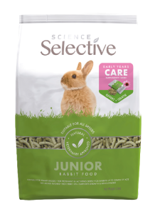 A 1.5kg bag of Science Selective Junior Rabbit Food with a prominently displayed promotional badge. The white and green packaging features a cute brown rabbit and a clear window showing the extruded food pellets. A pink and green "Early Years Care" call-out on the front highlights that free supplements are included inside, featuring the words "Offert" and "Gratis."