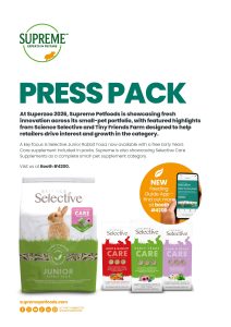 A promotional press pack page for Supreme Petcare at SuperZoo 2026, showcasing Science Selective Junior Rabbit Food and a new range of small-animal care supplements. The image features a large bag of Junior Rabbit Food alongside three supplement boxes—Joint & Mobility, Early Years, and Calm & Relax—with a callout about a new feeding guide app and a request to visit booth number 4200.
